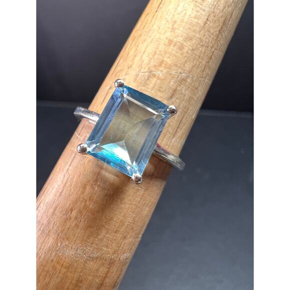 Blue topaz emerald cut sterling silver ring size 7 - Picture 1 of 16